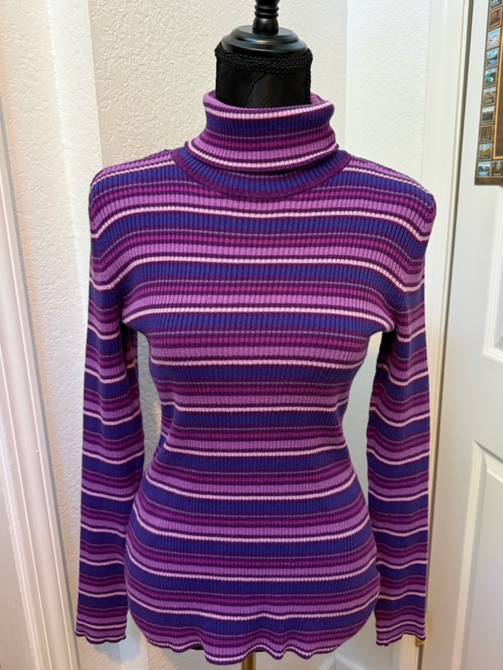 funky purple striped turtle neck sweater